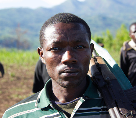 Chai, North Kivu, DRC- March 29, 2014: FDLR soldier standing at attention in the village Chai, in DRC's volatile North Kivu province.