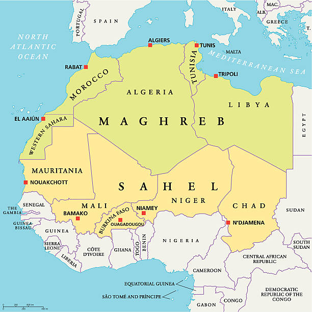 Maghreb and Sahel Political Map Maghreb and Sahel Political Map with capitals and national borders. English labeling and scaling. Illustration. sahel stock illustrations