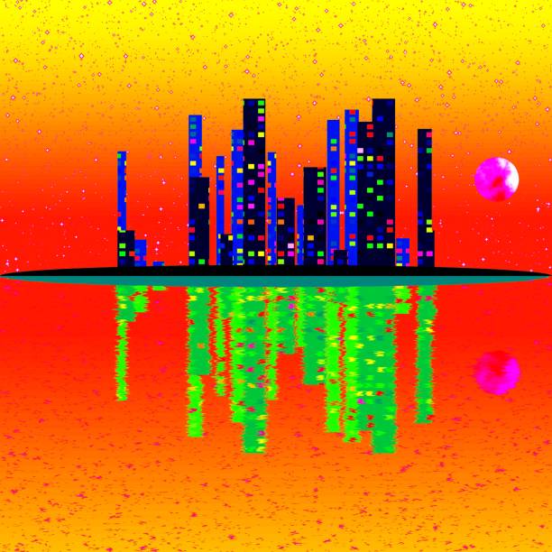 istock Scan of night cityscape illustration with buildings on island. 528933309