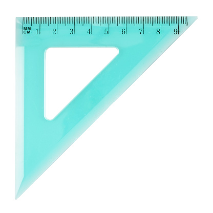 Green plastic triangle centimeter ruler, isolated over the white background
