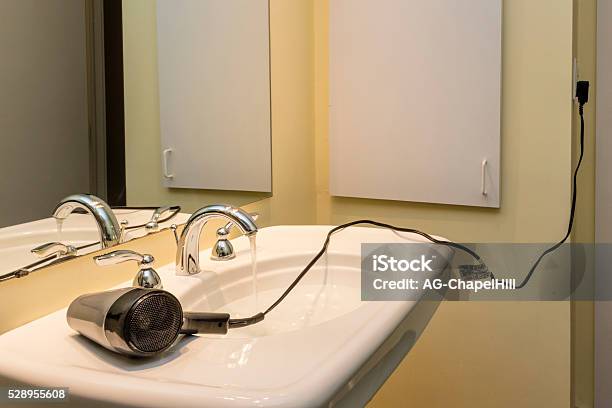 Electrocution Risk From Hair Dryer Near Sink Stock Photo - Download Image  Now - Hair Dryer, Sink, Bathroom - iStock