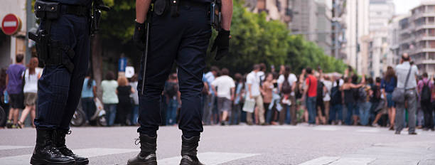Riot police in a demonstration stock photo