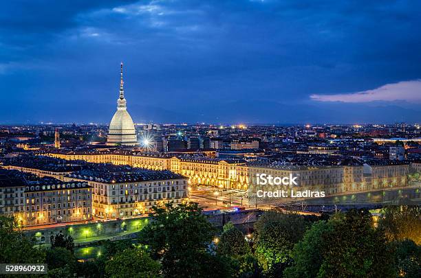 Turin High Definition Panorama With Mole Antonelliana At Twilight Stock Photo - Download Image Now