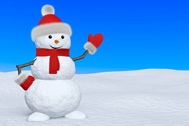 istock Snowman with scarf on snow pointing to copy-space 528961133