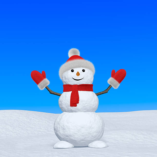 istock Snowman with scarf looking up under blue sky 528961135