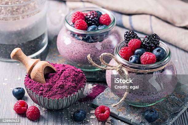 Chia Seeds Acai Pudding Stock Photo - Download Image Now - Ground - Culinary, Antioxidant, Blueberry