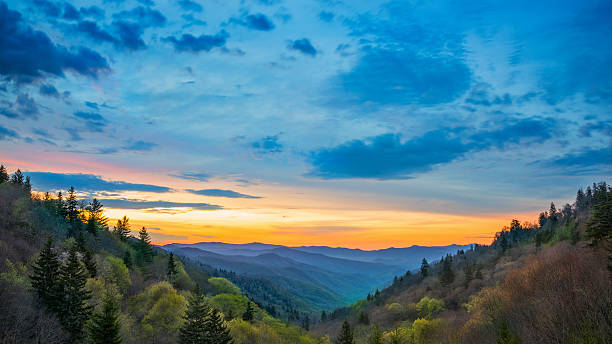 große rauchigen berge sonnenaufgang über oconaluftee landschaft szene - wnc stock-fotos und bilder