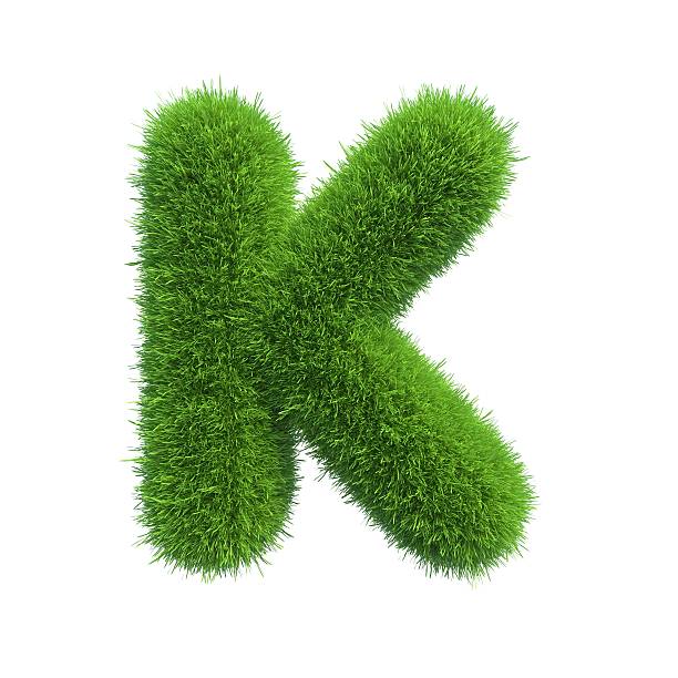 buchstabe der grünen frisches gras, isoliert auf weißem hintergrund. - letter k alphabet three dimensional shape green stock-fotos und bilder