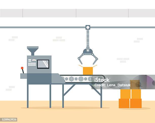 공장평면 벡터 일러스트 레이 션에에서 컨베이어 기계입니다 제조 및 공장-산업 건물에 대한 스톡 벡터 아트 및 기타 이미지 - 공장-산업 건물, 컨베이어 벨트, 변경