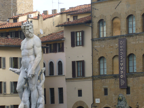 Detail view of a statue placed on the famous Piazza della Signoria square at Palazzo Vecchio. Florence. Italy.