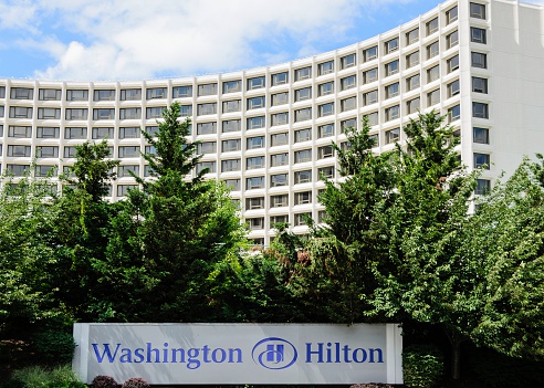 Washington DC, USA- June 4, 2012: The entrance of the historic Hilton Hotel in downtown Washington DC. Founded in 1919 by Conrad Hilton, Hilton is a chain of hotels with almost 4,000 locations around the globe.