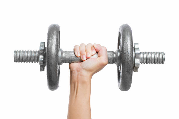 istock Close up hand men workout dumbbell on white background. 528972470
