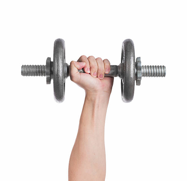istock Close up hand men workout dumbbell on white background. 528972480