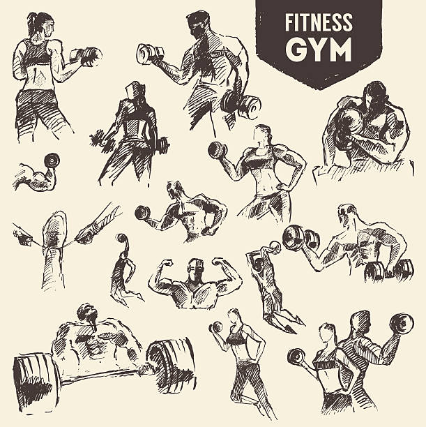 Big set drawn people exercising health and fitness Big set of hand drawn people exercising for health and fitness gym drawings stock illustrations
