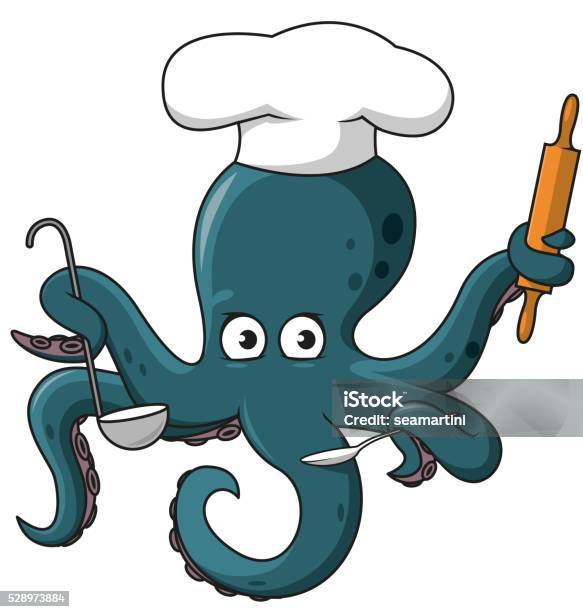 Octopus Chef In White Cook Hat Cartoon Character Stock Illustration - Download Image Now - Animal, Animal Markings, Anthropomorphic Smiley Face