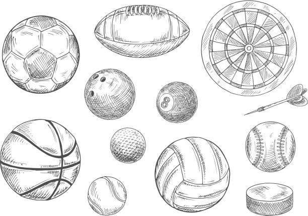 Sporting items sketches for sport game design Sporting items for individual and team sporting games isolated sketches with balls for soccer or football, volleyball and basketball, rugby and baseball, golf and tennis, bowling and billiards, dart board with arrow and ice hockey puck soccer clipart stock illustrations