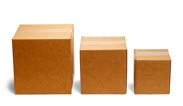Box Bars Three Boxes in a Row From Large to Small Isolated on a White Background. big cardboard box stock pictures, royalty-free photos & images