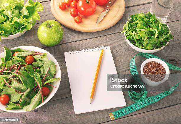 Blank Notebook With Vegetable And Fruit Stock Photo - Download Image Now - Arugula, Balance, Chard