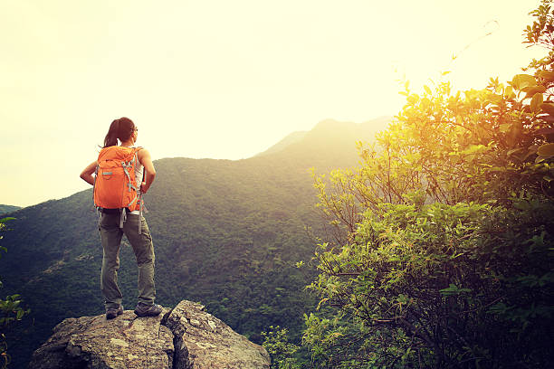 istock young woman backpacker hiking at forest mountain top 528981726