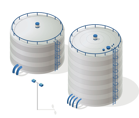 Water reservoir isometric building info graphic. White water supply resource. Big water reservoir. Pictogram industrial chemistry cleaner set with blue details. Flatten isolated master vector icon.