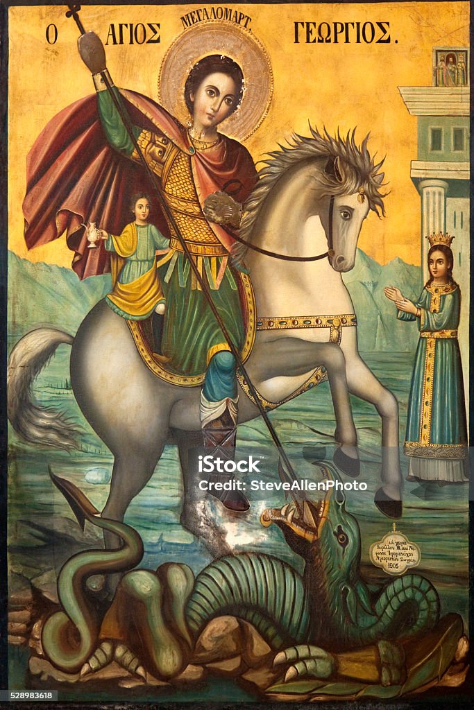 Icon of St George and the Dragon Religious icon in St Barnabas Monastery (Apostolos Varnavas Monastery) Present buildings date from 1756 (built on the original Byzantine foundations of 477AD ) Built by the tomb of the Apostle Barnabas (killed in 57AD) Saint George - Saint Stock Photo