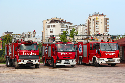 Antalya, Turkey - August 1, 2012: Three firetruck standing on the street, near the fire department