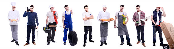 stesso giovane uomo facendo diversi lavori in diversi look professionale - occupation service chef people foto e immagini stock