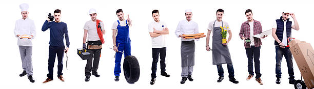 same young man doing various jobs in different professional outfit handsome same young man doing various jobs in different professional outfit baker occupation stock pictures, royalty-free photos & images