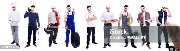 Same Young Man Doing Various Jobs In Different Professional Outfit Stock Photo - Download Image Now