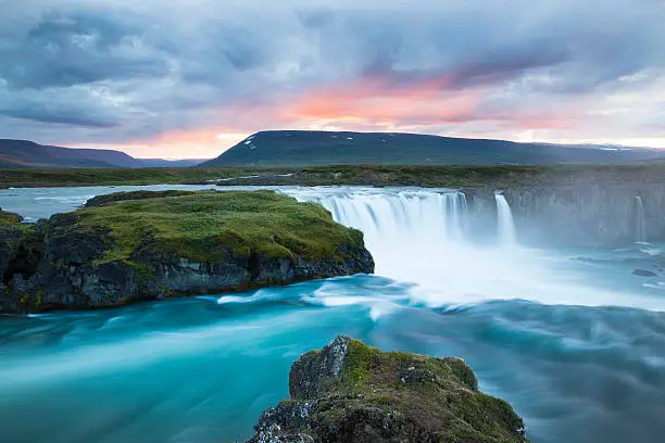 The Goðafoss (Icelandic: waterfall of the gods or waterfall of the goði) is one of the most spectacular waterfalls in Iceland. It is located in the Bárðardalur district of North-Central Iceland at the beginning of the Sprengisandur highland road. The water of the river Skjálfandafljót falls from a height of 12 meters over a width of 30 meters.