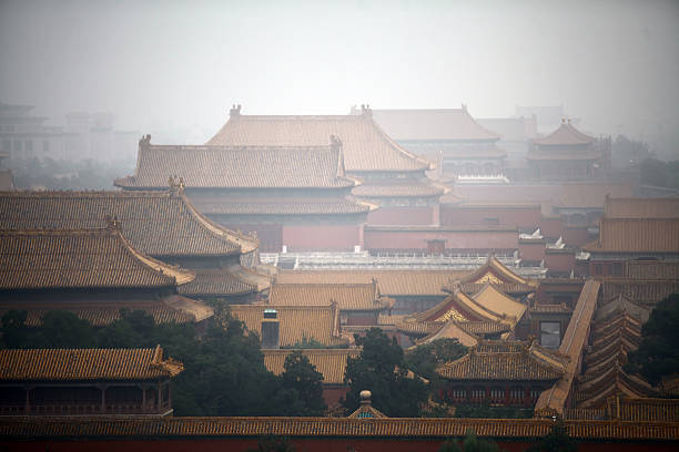High angle horizontal shot of the Forbidden City in Beijing,  China, on a foggy day.