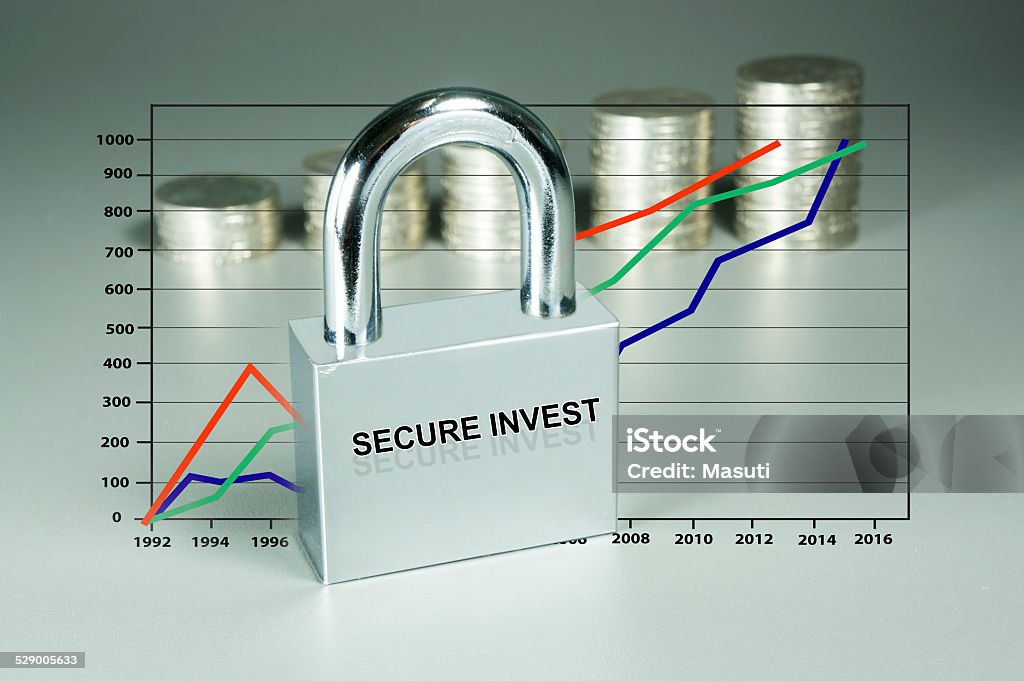 Padlock, Graph and Coins in the background Word of Secure Invest on padlock, graph and coins in the background Business Stock Photo