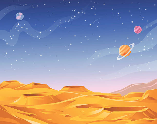 Alien Planet Surface of an alien planet saturated with craters. In the background is a dark blue sky full of stars and planets. Vector illustration with space for text. EPS 10, grouped and labeled in layers. mars stock illustrations