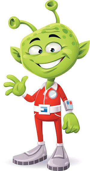 A smiling cute green alien with antennae in a red spacesuit waving with his hand. EPS 10, grouped and labeled in layers.