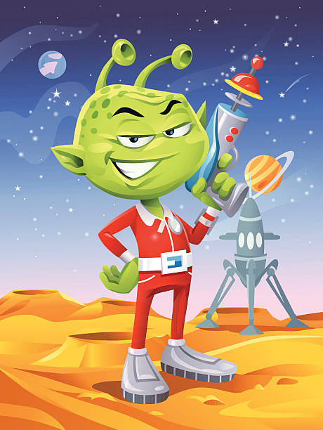 Alien With Laser Pistol A smirking cute green alien with antennae in a red spacesuit holding a futuristic laser pistol. He stands on a planet surface saturated with craters. In the backround is his spaceship, stars and planets. EPS 10, grouped and labeled in layers. alien invasion stock illustrations