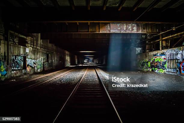 Grunge Dark Train Tunnel Stock Photo - Download Image Now - Abandoned, Graffiti, Absence