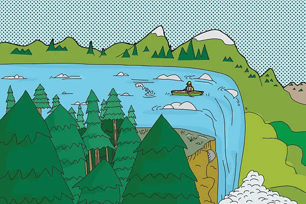 Vector illustration of Canoe Near Edge of Waterfall