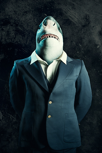 A great white shark in a business suit stands for a portrait, his hands crossed behind his back.  Conceptual depiction of a loan shark, or other predatory lending business practices in the corporate world.