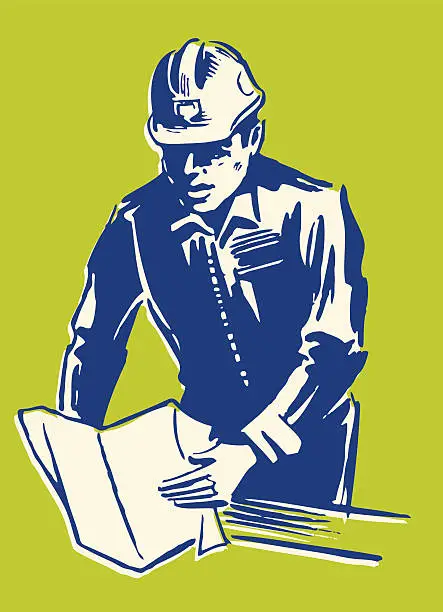 Vector illustration of Construction Worker Reading Plans