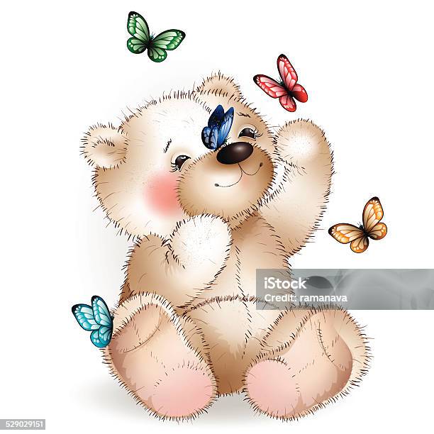 Happy Teddy Bear And Butterfly Stock Illustration - Download Image Now - Butterfly - Insect, Multi Colored, Child