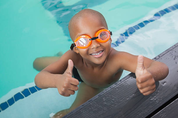 istock Cute little boy giving thumbs up at the pool 529029569