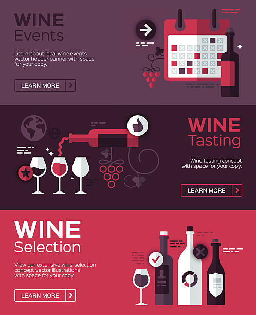 Wine Banners Wine events, wine tasting, wine selection, vineyard tour flat design concept banner illustrations. 851x315. EPS 10 file. Transparency effects used on highlight elements. wine tasting stock illustrations