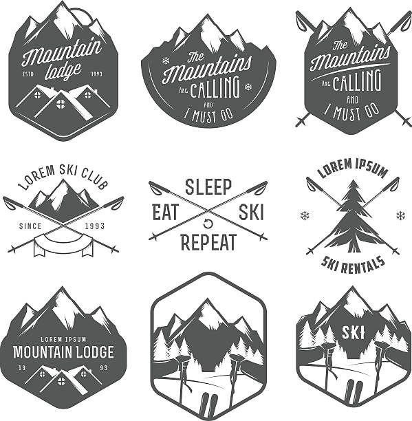 ilustraciones, imágenes clip art, dibujos animados e iconos de stock de conjunto de etiquetas vintage y elementos de diseño de esquí - mono ski