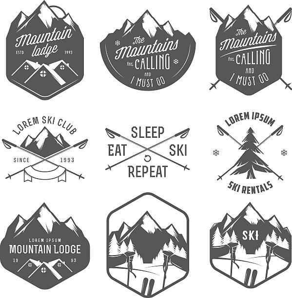 Set of vintage skiing labels and design elements Set of vintage skiing labels and design elements. log cabin vector stock illustrations