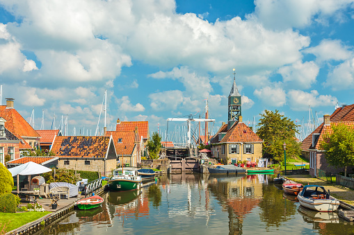Summer view of the old village of Hindeloopen in Friesland, The Netherlands