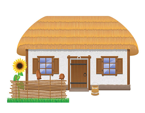 starożytny dom w gospodarstwie rolnym, a dach kryty strzechą ilustracja wektorowa - thatched roof illustrations stock illustrations
