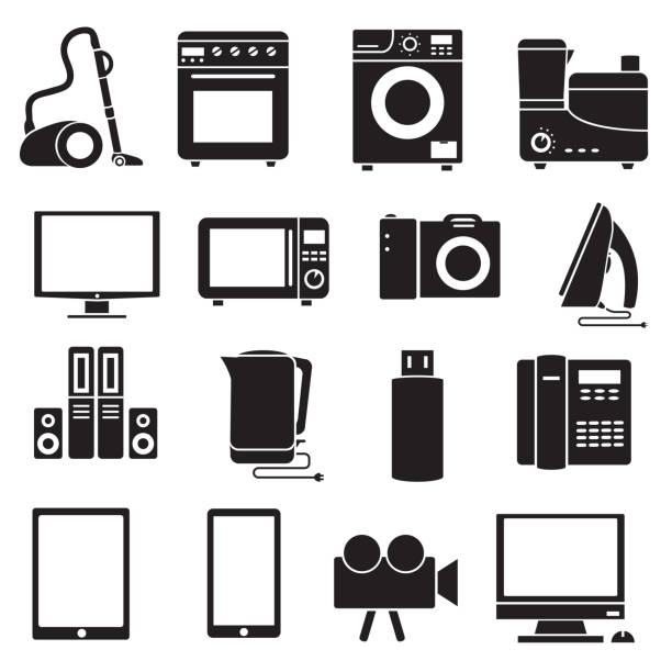 illustrations, cliparts, dessins animés et icônes de un chez-soi moderne ensemble d'icônes de concept d'appareils électroniques - butchers shop audio