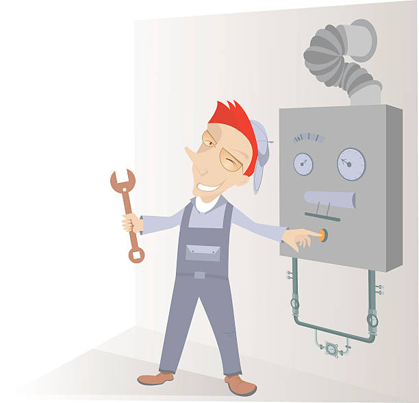 Mechanic Illustration Comic mechanic has repaired a construction and presses the start button natural gas pipeline clip art stock illustrations