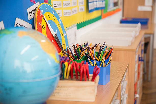 Primary School Class Room. Learning equipment on the desc in classroom. primary school stock pictures, royalty-free photos & images