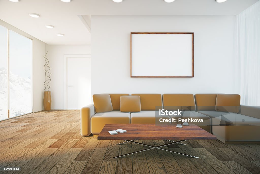Interior with sofa and frame Living room interior with wooden floor, brown sofa and blank picture frame. Mock up, 3D Rendering Antique Stock Photo